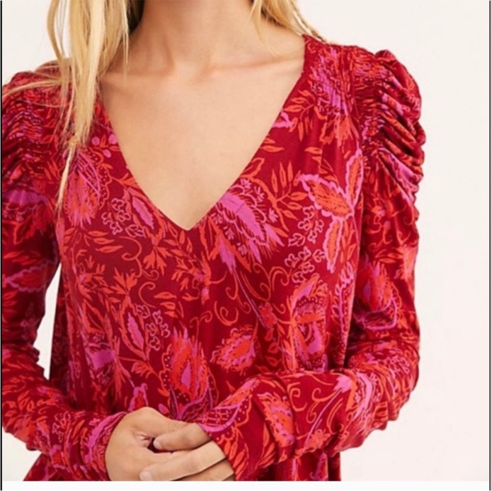 BOHO FREE PEOPLE HELLO LOVER V-NECK PUFF SLEEVE TUNIC DRESS FLOWY SILHOUETTE EUC